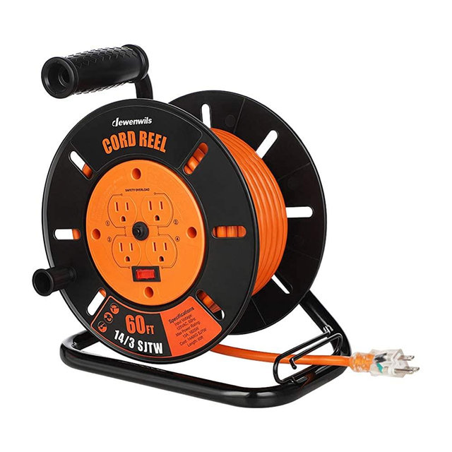 DEWENWILS 60FT Open Cord Reel, Heavy Duty Extension Cord Reel with 4-Grounted Outlets, Hand Wind Retractable, 14/3 AWG SJTW, 13 Amp Circuit Breaker, ETL Listed