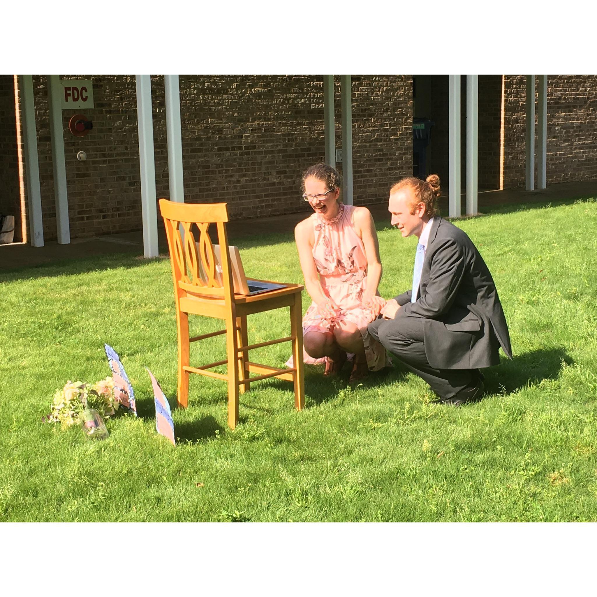 Laura and Dan talk with their families via Zoom before the ceremony.