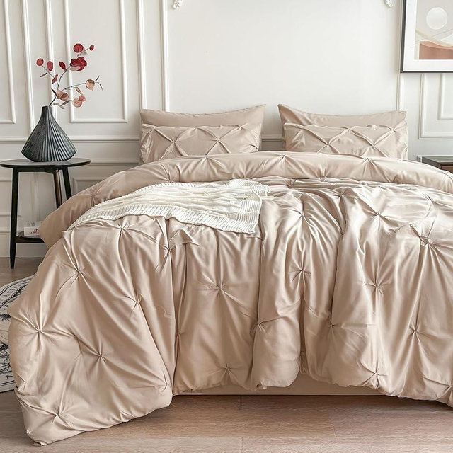 Maple&Stone Queen Comforter Set, 7 Pieces Bed in a Bag Queen, Pintuck Bedding Sets with Comforter, Sheets, Pillowcases & Shams - Beige