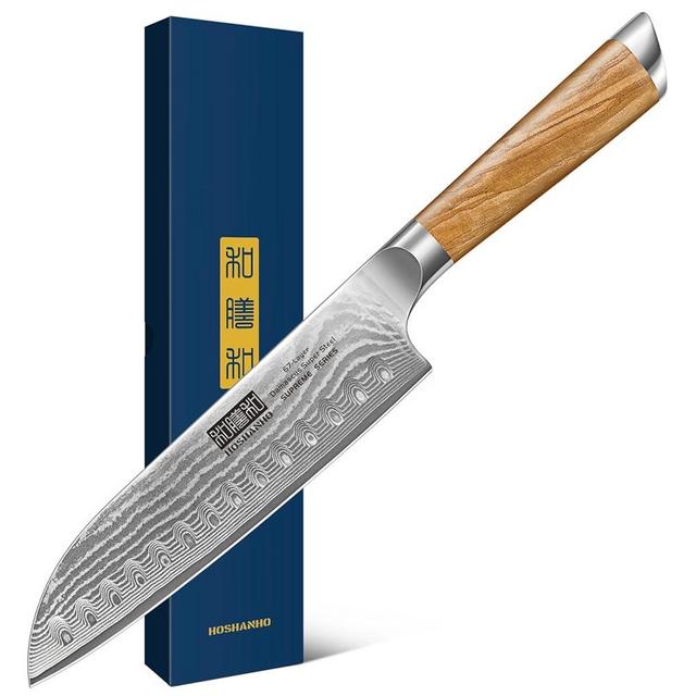 HOSHANHO Damascus Santoku Knife 7 Inch, Professional Japanese Damascus Super Steel Kitchen Knife, Sharp Cooking Knife with Durable Ergonomic Olive Wood Handle