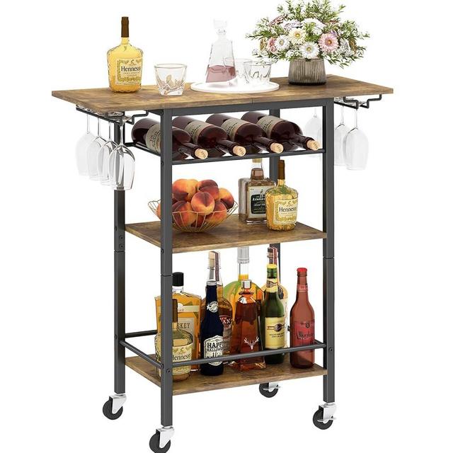 LAATOOREE Bar Cart, Home Bar Serving Cart, 3 Tier Mobile Drink Beverage Cart, Rolling Kitchen Shelf Cart with Wine and Glass Holders, for Dinning Room, Living Room, Kitchen