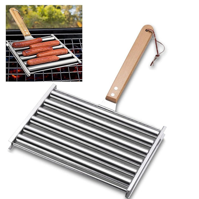 ZELONUUS 9.5 Inch Long Hot Dog Roller for bbq Grill, Evenly Cook Sausage Roller Rack Stainless Steel Corn grill with Detachable Wooden Handle for Outdoor Cooking and Barbecue