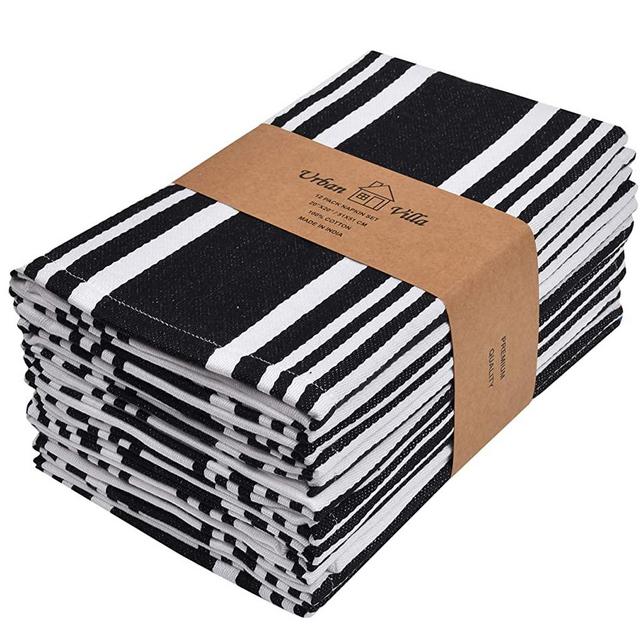 Urban Villa Trendy Stripes Set of 12 Dinner Napkins (20X20 Inch) 100% Cotton Premium Over Sized Cloth Napkins with Mitered Corners Ultra Soft Durable Hotel Quality (Black/White)