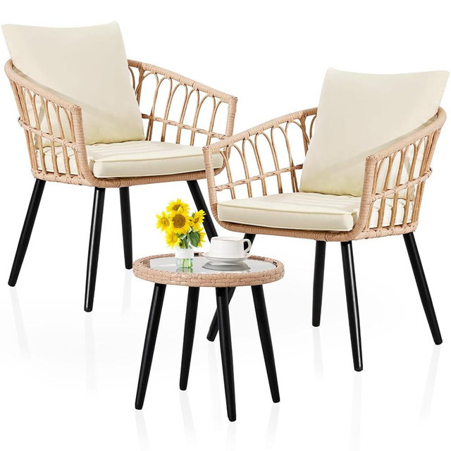 3 Piece Outdoor Patio Bistro Set, Wicker Table and Chairs Set of 2, All-Weather Rattan Balcony Furniture Set for Patio Front Porch Apartment, Natural/Beige