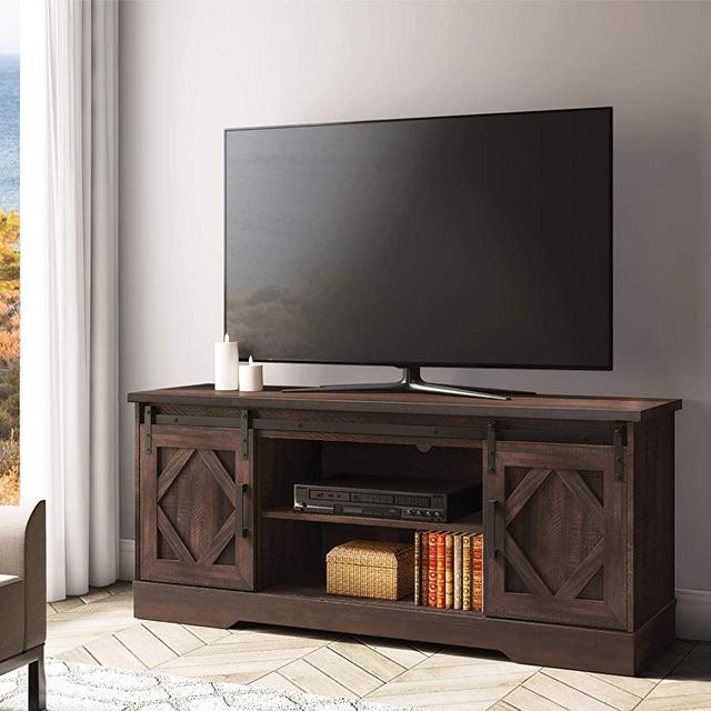 WAMPAT Farmhouse Sliding Barn Door TV Stand for 65" Flat Screen, Console Table Storage Cabinet in Rustic Brown Wash, Entertainment Center for Living Room, 59 Inch