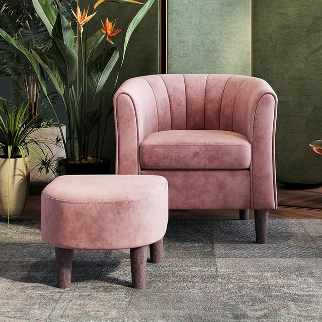 LINSY Accent Chair with Ottoman, Modern Barrel Chair Comfy Armchair Reading Chair with Footrest, Round Arms Chair for Living Room Bedroom Reading Room, Velvet, Pink