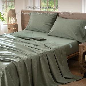 Cotton Linen Sheet Set (Heathered Green, Queen)