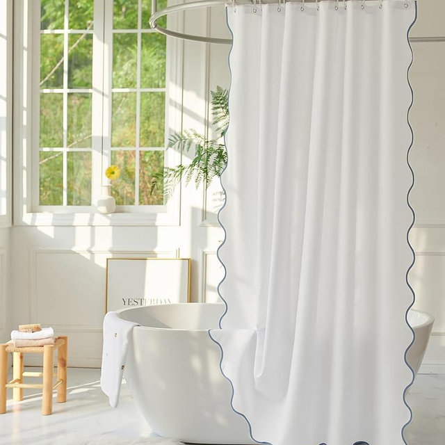 youngseahome White Fabric with Water Blue Scalloped Border Shower Curtain,Boho Chic Cloth Shower Curtain for Bathroom Showers,72 x 72 Inches