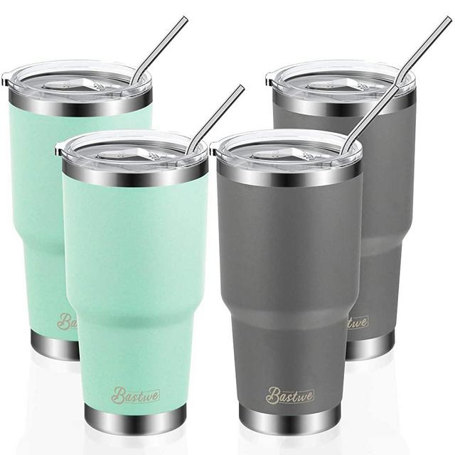 4 Pack 30oz Vacuum Insulated Tumblers, Bastwe Double Wall Stainless Steel Travel Tumblers with Lids and Straws for Home, Office, School, Works Great for Ice Drink, Hot Beverage (Seafoam + Gray)
