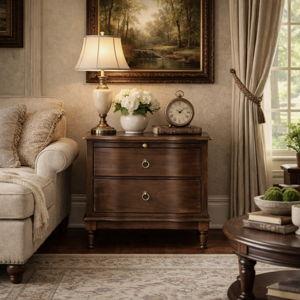 Elfine Traditional 2-Drawer Solid Wood End Table with Built-In Outlet and Curved Drawer Fronts - Walnut