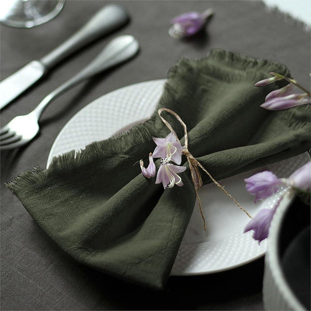 Ayuzawa Handmade Cloth Napkins 100% Cotton Napkins with Fringe，Delicate Handmade Cloth Napkins for Dinners, Parties, Weddings and More，18 x 18 Inch Set of 12 - Olive Green