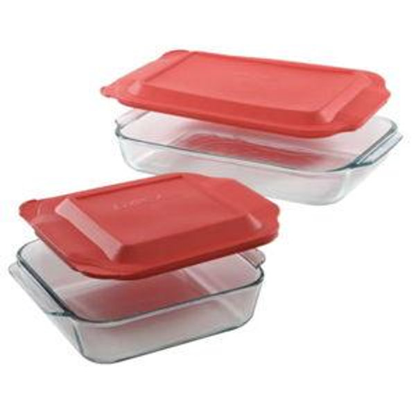 Pyrex 4pc Bakeware Value Set Red: Glass Baking Dishes, Microwave & Dishwasher Safe, 3qt & 8" Square with Covers