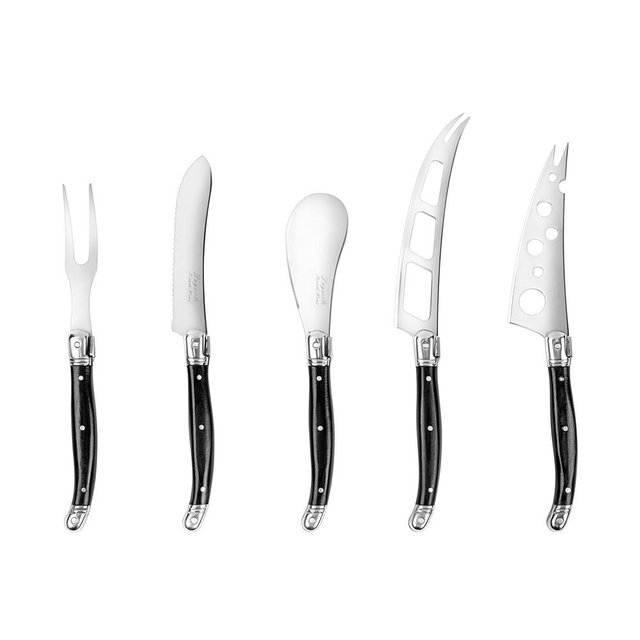 French Home Laguiole 5-Piece Artisan Cheese Knife Set – Versatile Cheese Knives Set with Three-Rivet Black Pakkawood Handles & Iconic Bee Emblem – Sophisticated Charcuterie Board Accessories