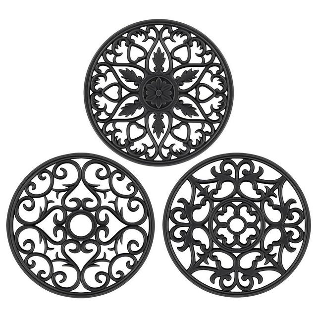 SMARTAKE 3 Set Silicone Trivet Mats, Multi-Use Carved Trivet Mat, Insulated Non-Slip Durable Kitchen Mats, Flexible Modern Kitchen Table Mat, for Hot Dishes, Pots, Dining Countertop, Black