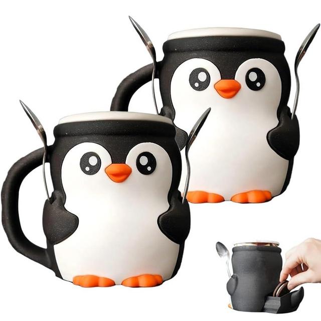 JVNZKDX Cute Penguin Ice Cream Pint Holder, 3D Printing Pebbles The Penguin Ice Cream Pint Containers with Antifreeze Handle and Two Spoon, Pepples Leak Proof Popsicle Cozy Beer Can Cup Sleeve(2pcs)