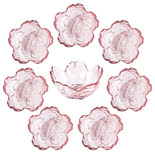 WHJY 8 pack Cute Sauce Dishes Glass Dish Set for Soy Sauce Snacks Tea Bag Mini Glass Bowls Clear Pink Cherry Blossom Soy Sauce Dishes