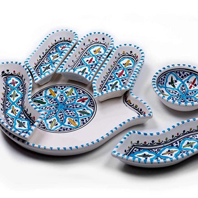 Kamsah 7 Piece Plate Set & Serving Platter, Custom Hand-Painted Ceramic Appetizer Tray Serving Dishes for Celebrations, Parties and Events (Large, Turquoise)