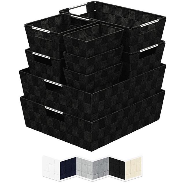 Woven Storage Baskets For Organizing - Set Of 9 Fabric Empty Organizer Bins With Handles - Great Bin For Organization, Linen Closet Shelves & Bathroom Basket. Empty Baskets For Gifts - (Black)