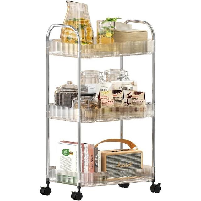 STARLATTA 3 Tier Rolling Cart with Wheels,Utility Trolley with Handle,Clear Acrylic Movable Storage Organizer for Kitchen,Bathroom,Nursery,Laundry,Book,Snack,Craft