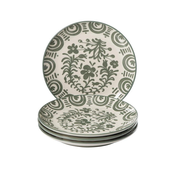 Bloomhouse - 2-Time Oprah’s Favorite Things - Valencia Flor 4 Piece Dessert & Salad Plate Set, 8.75” Stoneware Plates, Mediterranean Floral Decal Design, Microwave & Dishwasher Safe, Fern Green