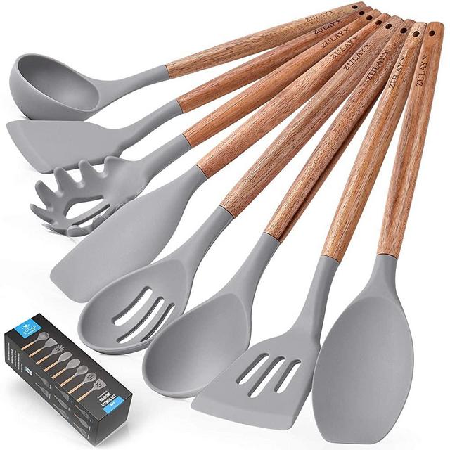 Zulay (8 pcs) Silicone Kitchen Utensils For Cooking - Non-stick Silicone Cooking Utensils With Acacia Wood Handle - Heat Resistant & Flexible Silicone Kitchen Utensils Set