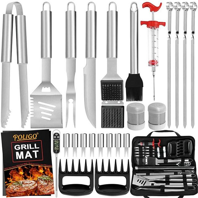 POLIGO 28PC Exclusive BBQ Grill Accessories in Carrying Bag for Birthday Christmas Grilling Gifts - Premium Grill Utensils Set with Barbecue Claws, Meat Injector, Thermometer for Smoker, Camping