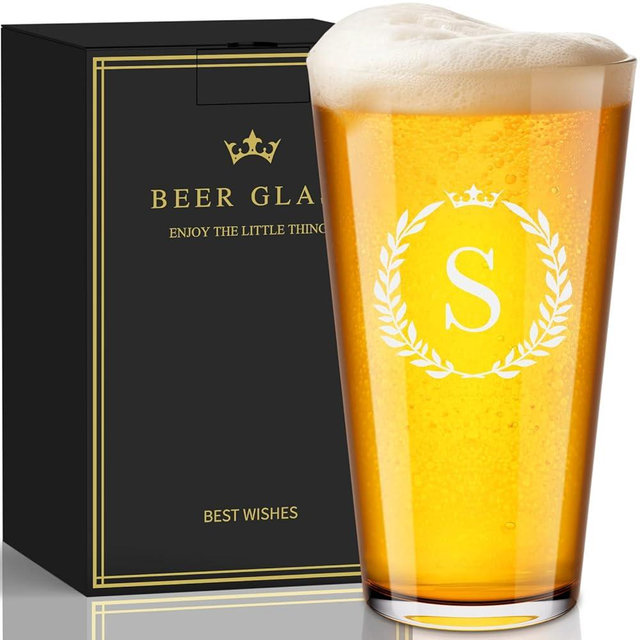 Personalized Beer Glasses Gifts for Men, 16 oz Pint Glasses Monogrammed A-Z Drinking Glass Cups Customized Gift, Unique Christmas Anniversary Birthday Gifts for Men Him Dad Brother Husband Grandpa (S)