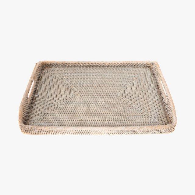 Tava Handwoven Rattan Rectangular Serving Tray With Glass Insert, 14"L X 10"W, White Wash