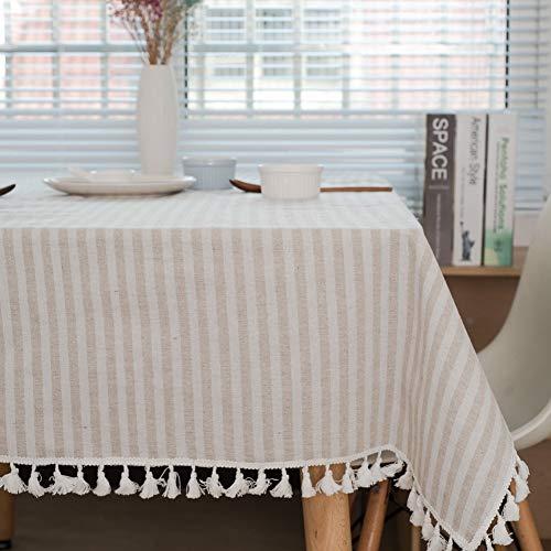 ColorBird Stripe Tassel Tablecloth Cotton Linen Dust-Proof Table Cover for Kitchen Dinning Tabletop Decoration (Rectangle/Oblong, 55 x 70Inch, Beige)