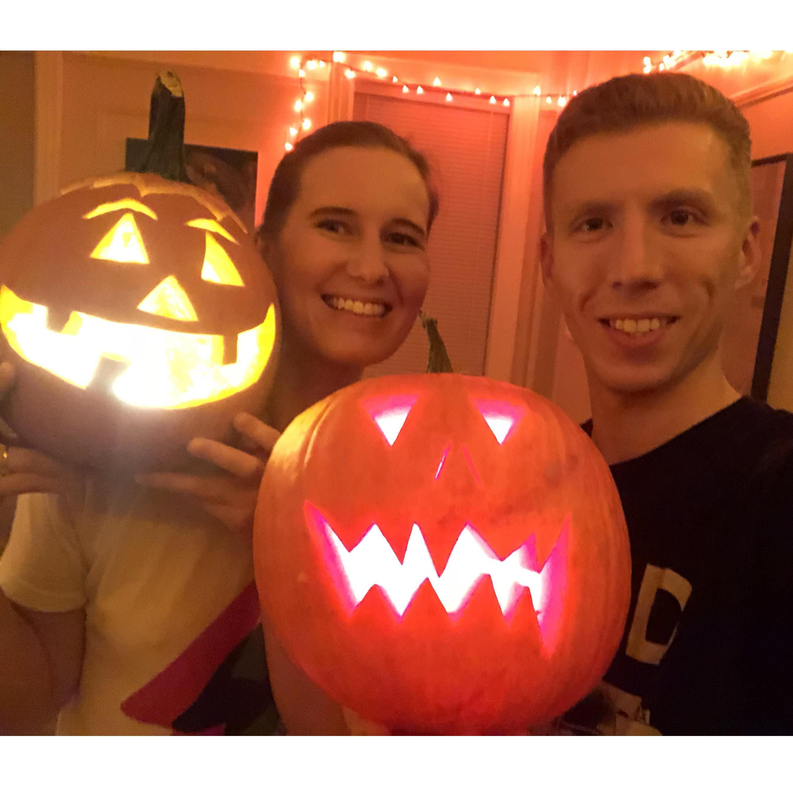 Jack-o-lanterns at our apartment in Astoria, Queens.