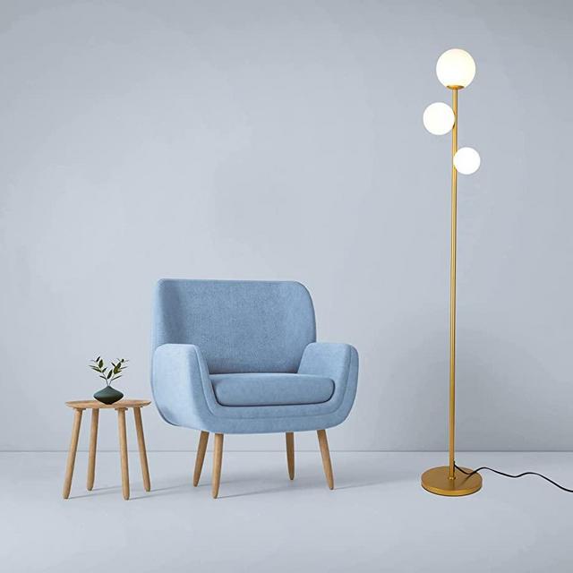 3 Globe Mid Century Modern Floor Lamp for Living Room, Contemporary Gold Floor Lamp with Frosted Glass Shade and Bulbs Included, LED Standing Tall Pole Lamp for Bedrooms, Office - Antique Brass