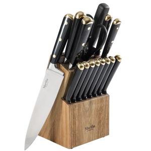Martha Stewart 16-Piece Lockton High Carbon Stainless Steel Knife Block Set - Forged Full Tang Chef Knives, Acacia Wood Block, Triple Riveted Handles, Black & Gold
