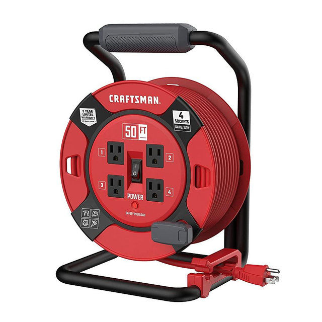 CRAFTSMAN Heavy Duty Retractable Extension Cord, 50 feet with 4 Outlets - 14AWG SJTW Cable - Outdoor Power Cord Reel