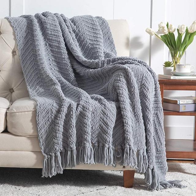 Bedsure Grey Throw Blankets for Couch, Textured Knit Woven Blanket, 50x60 Inch - Super Soft Warm Decorative Blanket with Tassels for Couch, Bed, Sofa and Living Room
