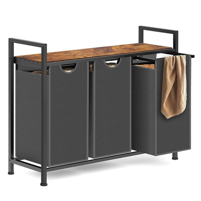 Sonharlar Laundry Hamper, Laundry Sorter with 3 Pull-Out Removable Oxford Fabric Bags Cloth Laundry Basket 3 x 10 Gallons (Grey and Rustic Brown)