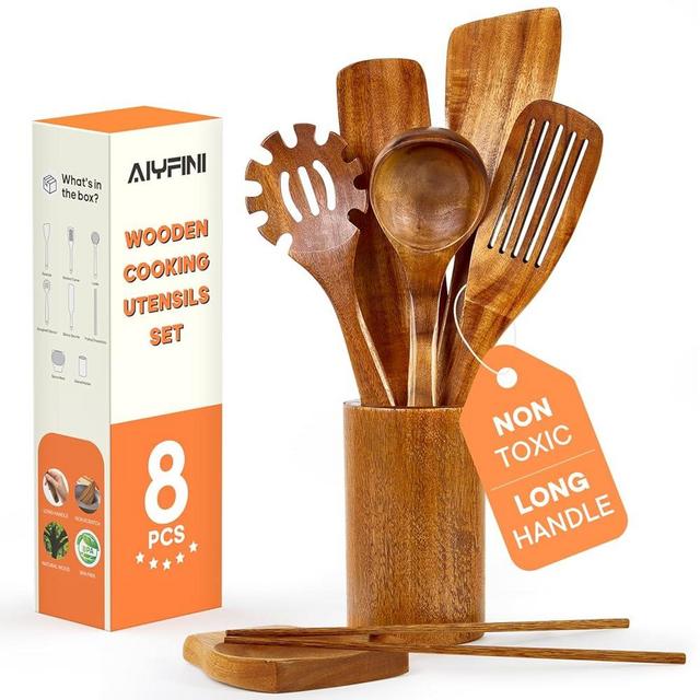 Non-Toxic Wooden Utensils for Cooking - Natural Acacia & Glue-Free,15.4" Large Spatula Set, Long Handle for Scald-Resistant, Wood Kitchen Spoons/Chopsticks/Holder, for Non Stick Frying Pans by ALYFINI