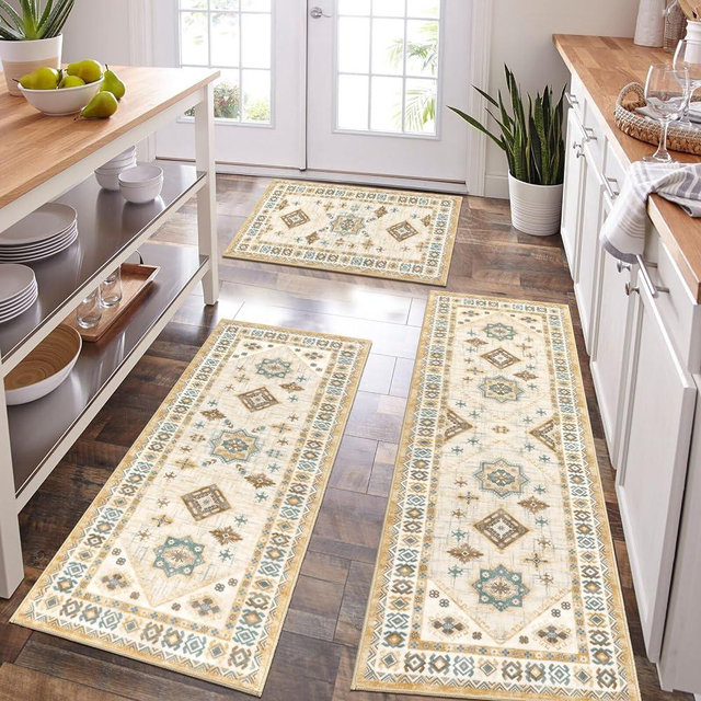 HEBE Boho Kitchen Rugs Sets of 3 Farmhouse Kitchen Runner Rugs and Mats Non Skid Washable Kitchen Mats for Floor Thick Soft Kitchen Floor Mat Runner Carpet Laundry Room Rug Runner