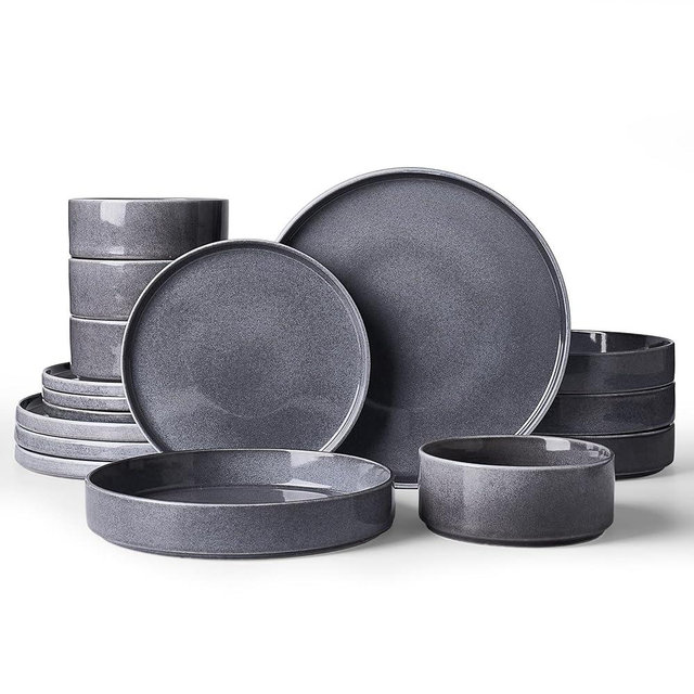 Famiware Annecy Plates and Bowls Sets, Service for 4 (16 Pieces), Dinnerware Sets with Pasta Bowls, Microwave and Dishwasher Safe Dishes Set, Chip and Scratch Resistant, Misty-Blue