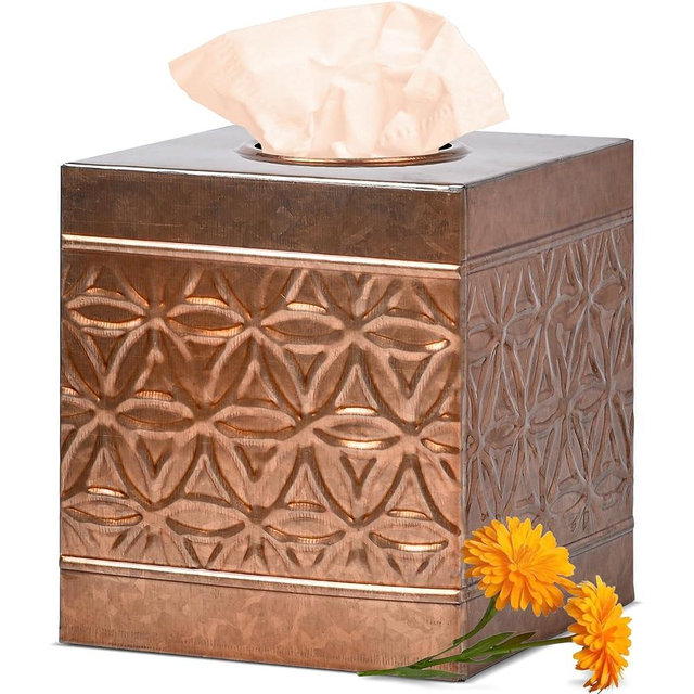 Autumn Alley Copper Tissue Box Cover Square, Bathroom Accessories, Metal Tissue Holders for Bathrooms, Bedroom, Kitchen, Embossed Pattern, Modern Tissue Holders Decorative, Rustic, Copper