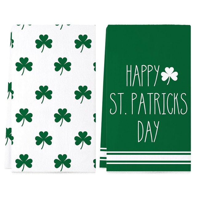 Siilues St Patricks Day Kitchen Towels Set of 2, 18x26 Inch Green Lucky Shamrock Dish Towels Home Decor Seasonal Spring Holiday St Patricks Day Decorations for Home Drying Dishcloth