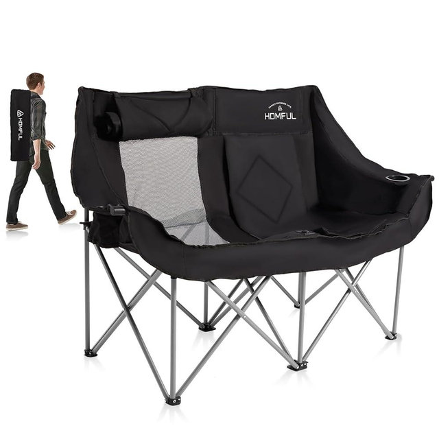 HOMFUL Double Camping Chair Oversized Folding Padded Loveseat Heavy Duty Camping Sofa with Cup Holder for Camping, Picnic, Beach(Black)