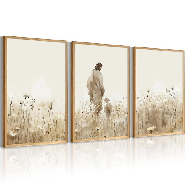 Jesus Leaves the 99 Sheep Wall Art Christian Canvas Poster Jesus and Lamb Wall Decor Religious Pictures Lost Sheep Painting God Christ Painting Artwork for Bedroom Living Room 16x24x3 Inch Unframed