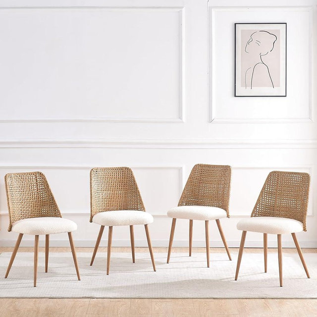 JALOURT Rattan Dining Chairs Set of 4,Modern Upholstered Boucle Kitchen Room Chairs with PE Cane Back and Metal Legs for Kitchen/Restaurant,Brown