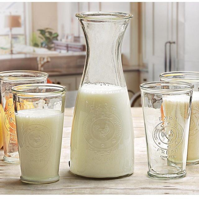 Circleware Ranch Rooster, Set of 5, 4-16 Ounce Glass Milk Drink Bottles, 1-40 Ounce Carafe Water Juice Pitcher, Limited Edition Glassware Drinkware
