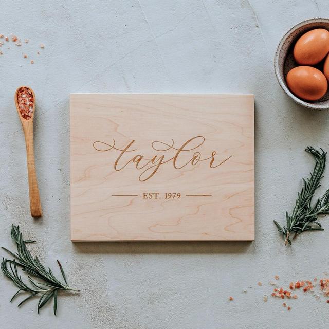 Custom Cutting Board • Modern Calligraphy Surname and Wedding Date Engraved Handmade Cutting Board • Unique Wedding Gift