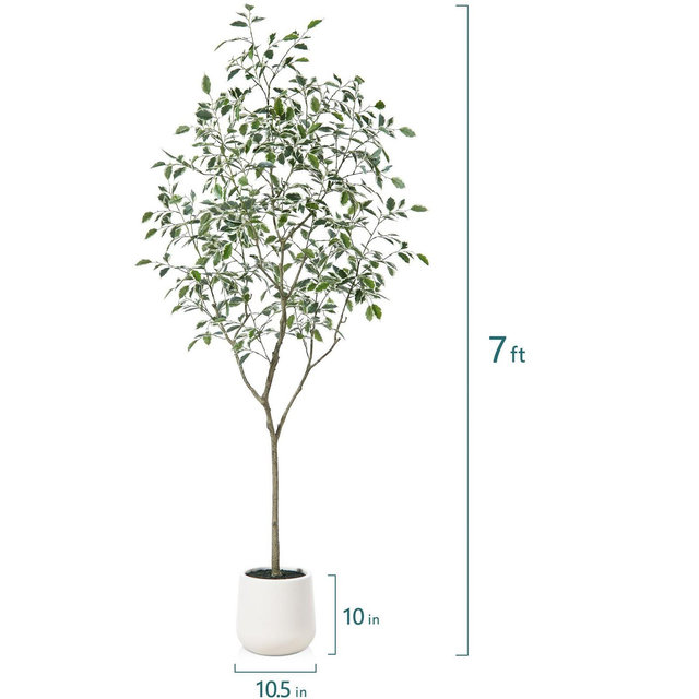 DR.Planzen 7FT Faux Ficus Tree with Oval White Planter, Pre Potted Faux Greenry Plant with white side leaves