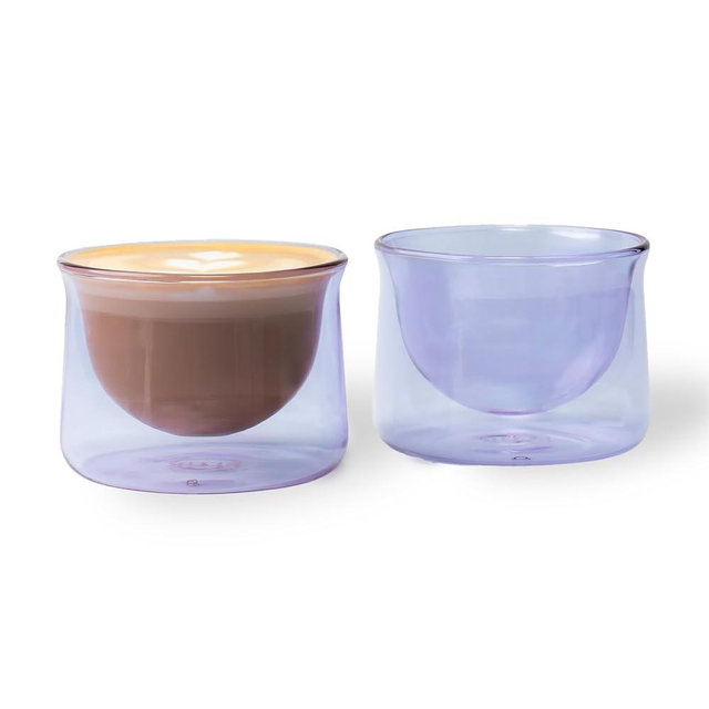 FLUR Latte Glass (Set of 2): For Lattes and Milk Drinks - Makes Latte Art Easier - Double-Walled Borosilicate Glass - Handmade - 7oz (Purple)