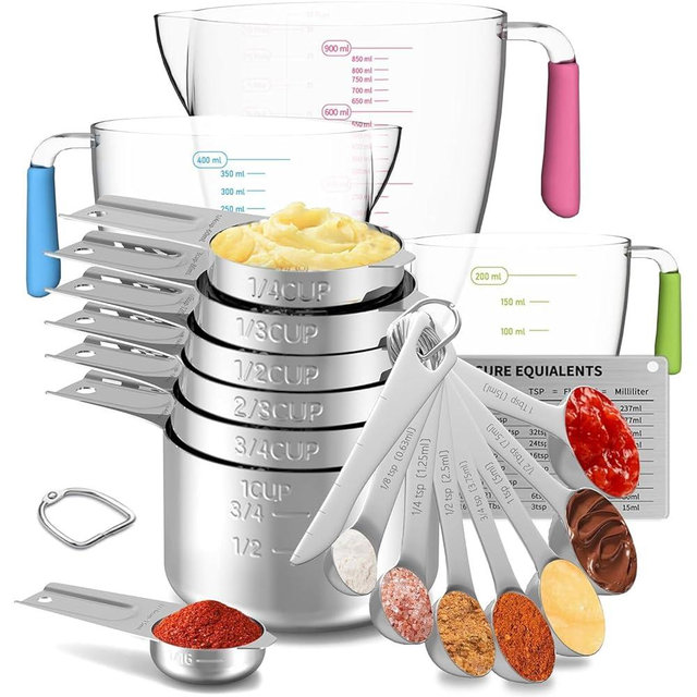 Stainless Steel Measuring Cups and Spoons Set, 6 Stainless Steel Measuring Cups, 7 Measuring Spoons & 1 Leveler, 3 Plastic Measuring Cup with 1 Measuring Conversion Chart
