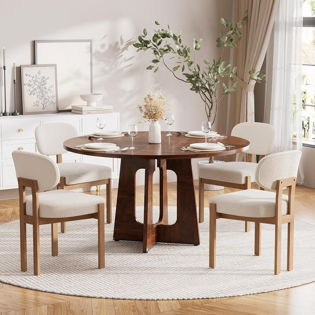 HAIZAO Modern 5-Piece Dining Table Set with 4 Chairs,Walnut Round MDF Dining Table, Beige Fabric Upholstered Chairs with Natural Wood Legs for Kitchen Dining Room Home