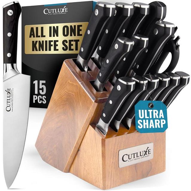 Cutluxe Knives Set for Kitchen – Knife Block Set, 15 Pcs Professional Chef Knife Set with Block, Ultra Sharp High Carbon German Stainless Steel, Full Tang, Walnut Wood Block – Artisan Series